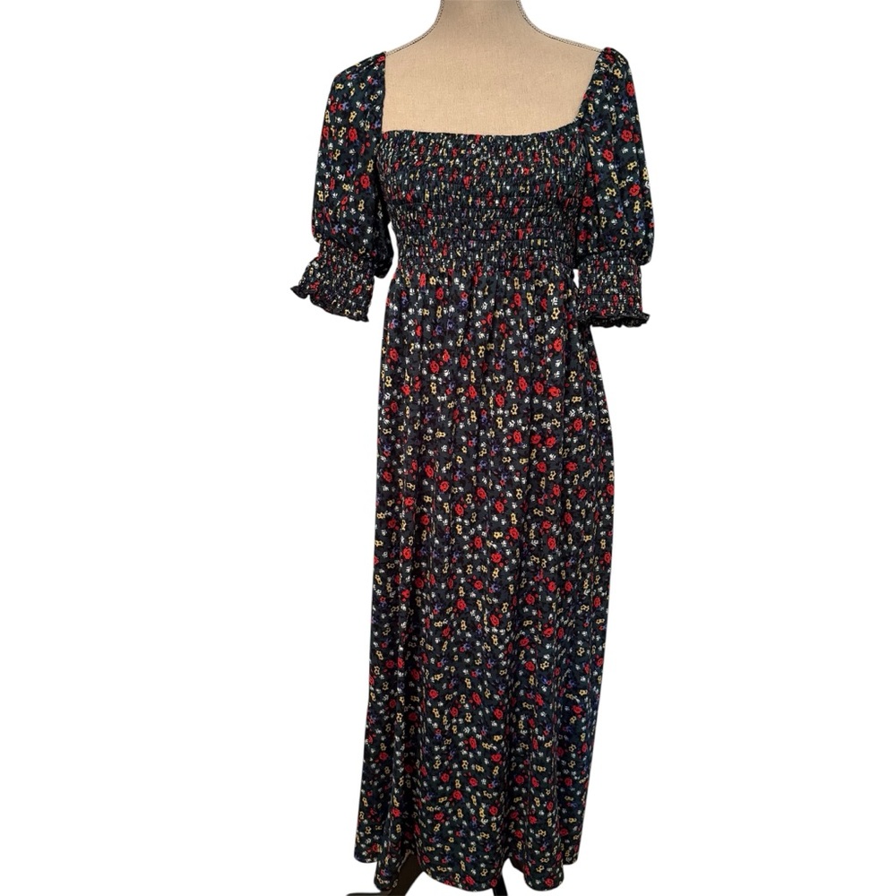ASOS Maxi Dress floral green red white square neck short puff sleeve size 4